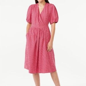Pink Gingham Puff-Sleeve Wrap Dress